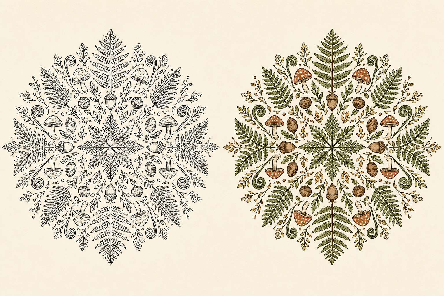 Woodland fern mandala line art beside a finished moss and rust color reference