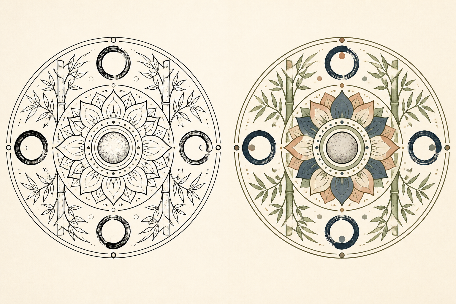 Zen ink circle mandala line art beside a finished indigo and sage color reference