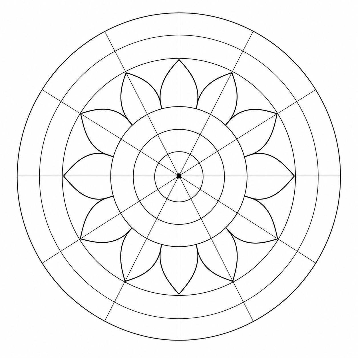 Repeat Shapes: Add petals, lines, and geometric forms around each ring.