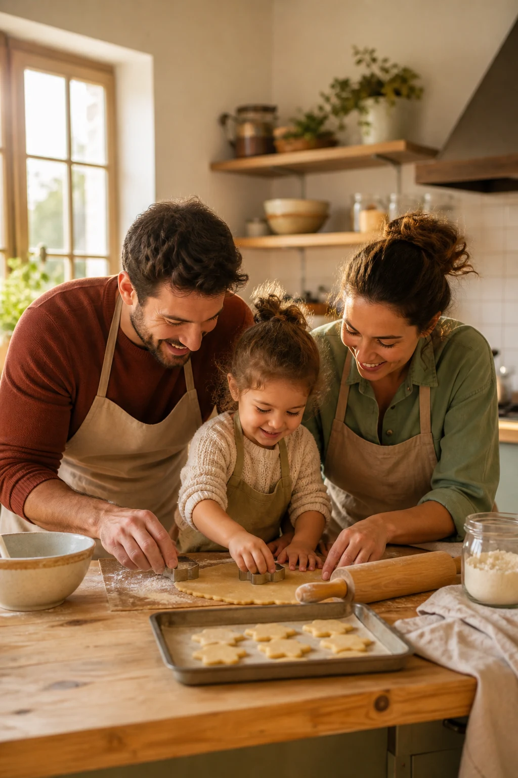 Familia preparando galletas en una cocina acogedora