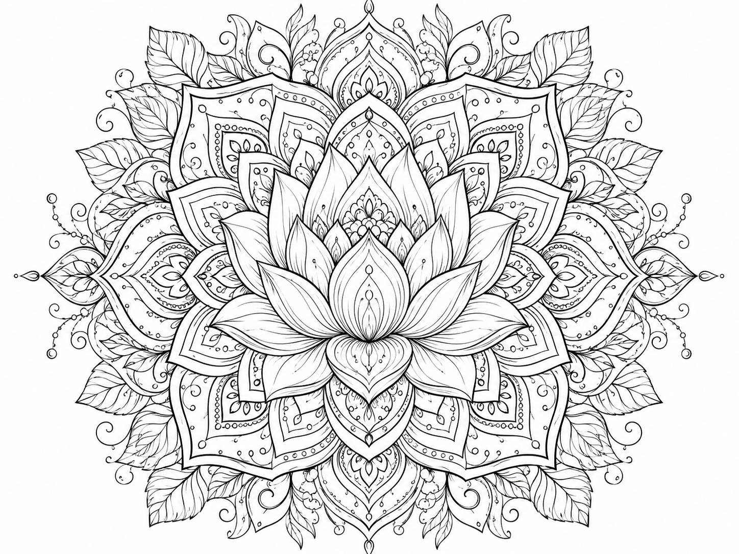 Intricate lotus and leaf mandala printable coloring page for adults